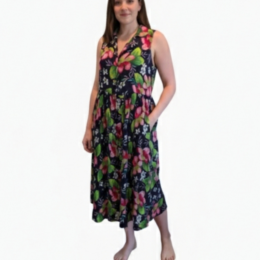 Sleeveless Navy Floral Midi Dress with Pockets
